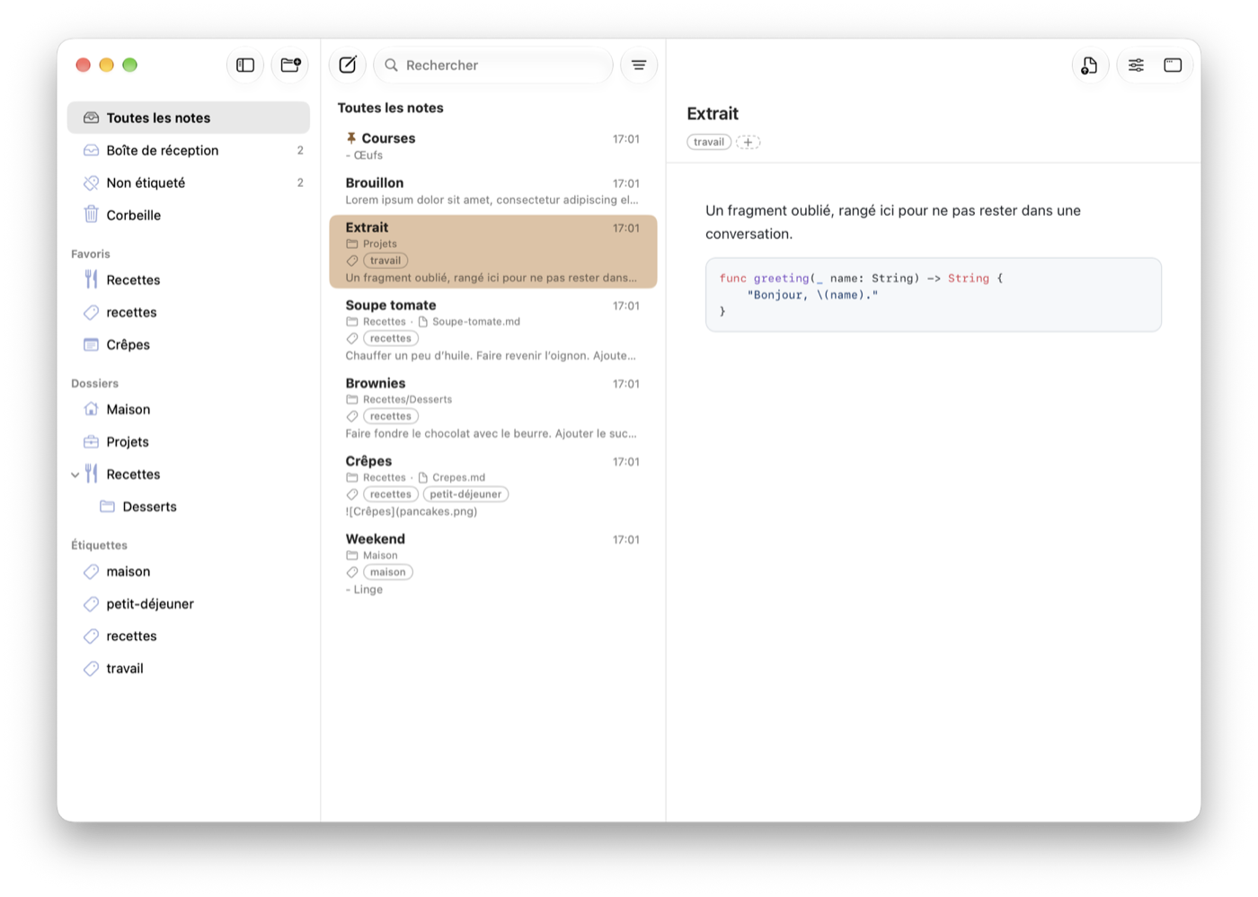 Une note avec un bloc de code coloré