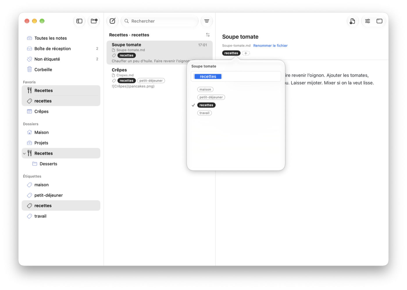 Suggestions d’étiquettes sur une note